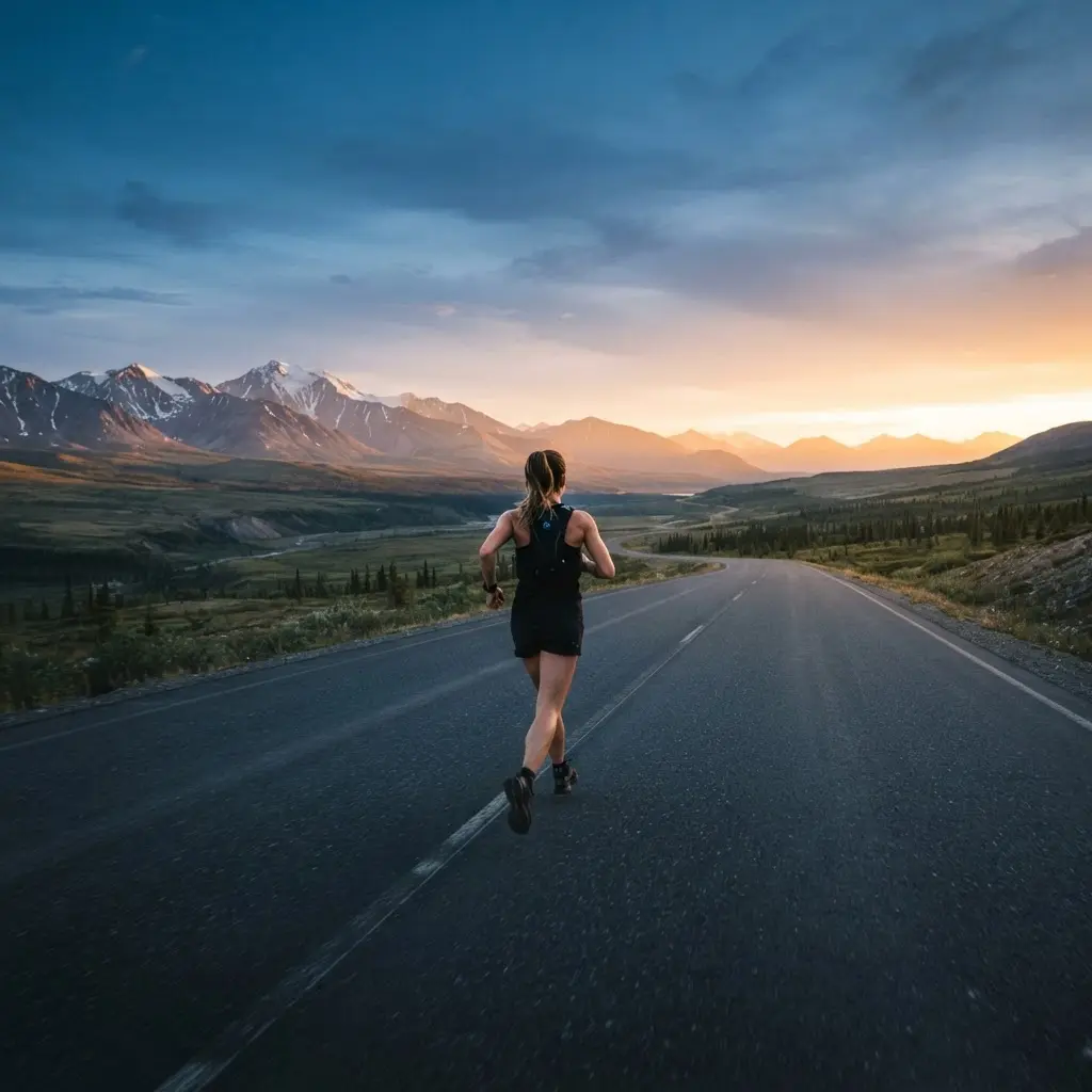 A runner on an open road at sunrise